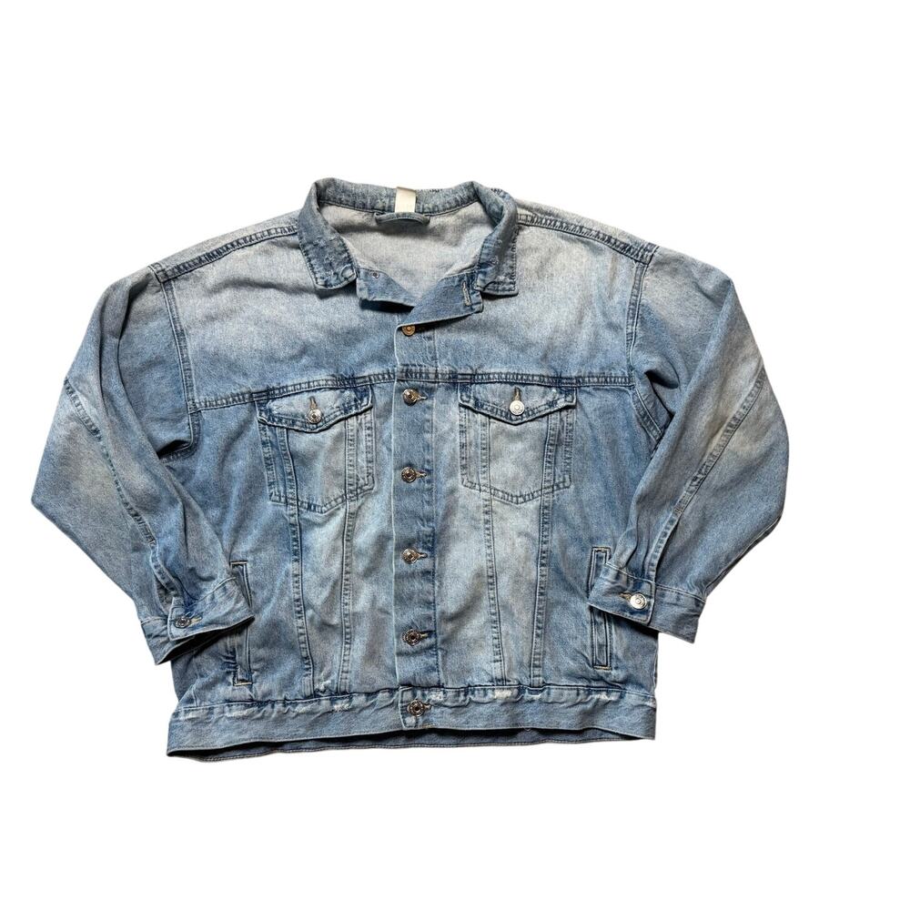 &Denim Distressed Light Wash Oversized Trucker Denim Jacket Medium M